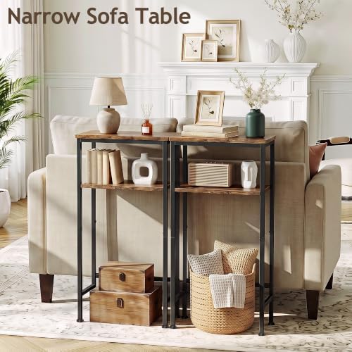 Narrow Console Table, 2-Tier Slim Entryway Table for Small Spaces, 15.7 Inch Small Sofa Side Table with Storage Shelves, Rustic Brown Skinny Hallway Table for Living Room