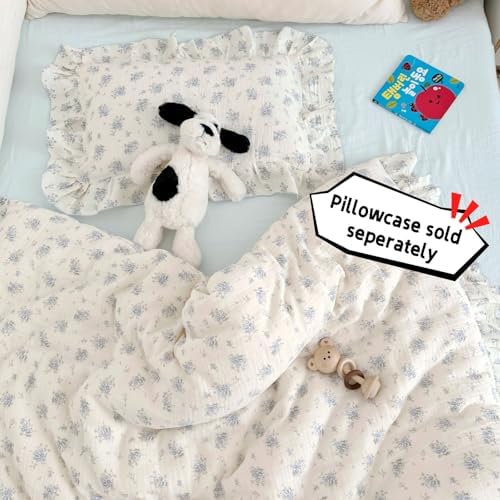Blue Floral Toddler Duvet Cover with Ruffle, Freesia Print,No Pillow