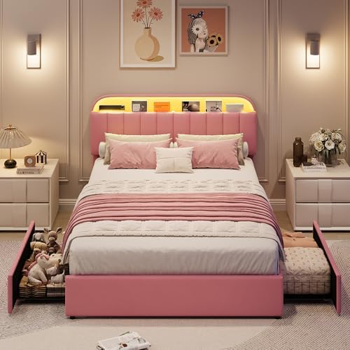 GarveeHome Queen Bed Frame, Platform Bed with Storage Headboard & Drawers