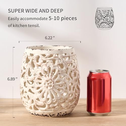 Farmhouse Kitchen Utensil Holder for Kitchen Counter, Ceramic Large Cooking Utensil Crock with Cork Mat, Countertop Cooking Tool Spatula Organizer, Beige Antique Design