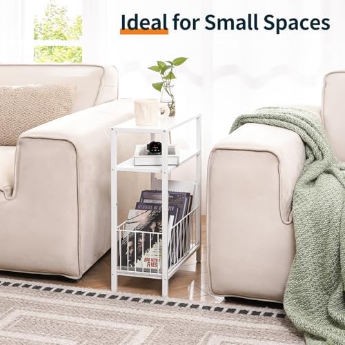 Narrow Side Table with Storage Basket Small End Table for Small Space,White