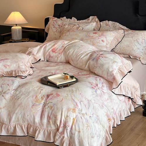 AOJIM Floral Print Duvet Cover Queen, 3-Piece Cotton Crinkle Double-Layer Gauze Vintage Ruffled Bedding Set with Allover Floral Print & Lace Edging - Soft Comforter Cover with Zipper & 2 Pillowcases