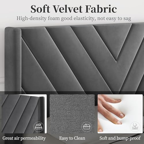 Yaheetech Full Bed Frame with Chevron Channel-Tufted Headboard, Dark Gray