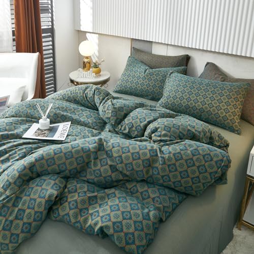 Boho Duvet Cover King Geometric Pattern,3Pcs Yarn-Dyed Muslin Cotton Duvet Cover Set Blue Green Flower Bedding Set for Girls Women Without Comforter