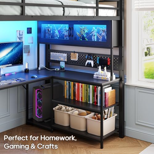 ADORNEVE Twin Size Loft Bed with Gaming Desk, RGB Hutch, Black
