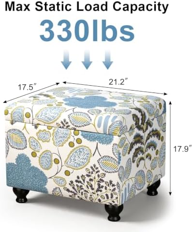 Adeco Colorful Storage Ottoman with Storage, 21" Linen Fabric Ottoman Foot Rest Stool with Hinged Lid with Blue Leaf Pattern, 360 LB Load Capacity, Living Room, Bedroom, Entryway