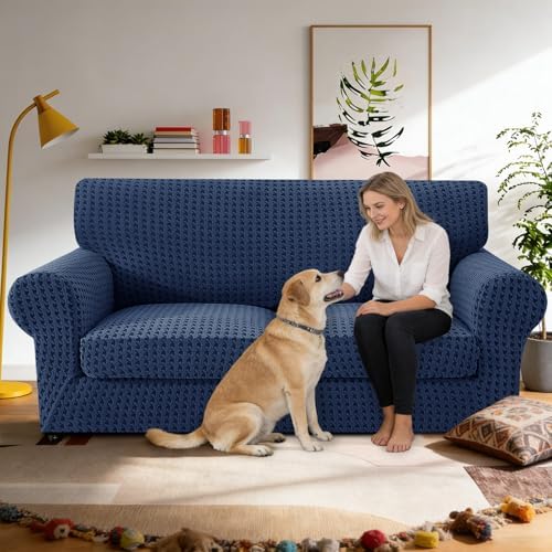 MAXIJIN 3 Pieces Stretch Couch Covers for 2 Cushion Couch Washable Sofa Cover with 2 Extra Large Seat Soft Loveseat Sofa Slipcovers with Non Slip Strap (Navy Blue), 71"-91"(2 XL Cushions)