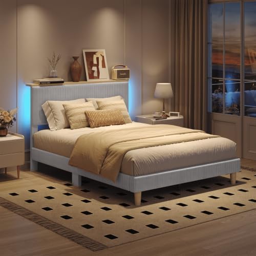 Bestier Queen Size Bed Frame with Adjustable Headboard & LED, Light Grey