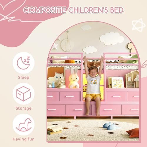 Bellemave Low Loft Bed Twin Size with Storage Shelves & Fabric Drawers, Metal Twin Loft Bed for Kids with LED Lights & Under-Bed Play Area, Low Loft Bed Frame for Bedroom, No Box Spring Needed, Pink