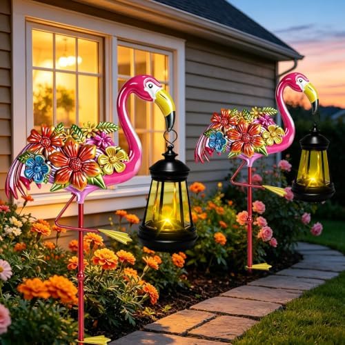 32.28in Pink Flamingo Garden Stakes with Solar Lights Outdoor Decor Gifts