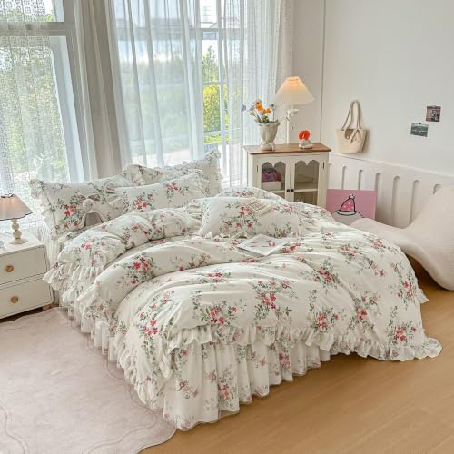 Cotton Duvet Cover Twin 3 Pcs, Cute Floral Ruffled Bedding 68"×86"