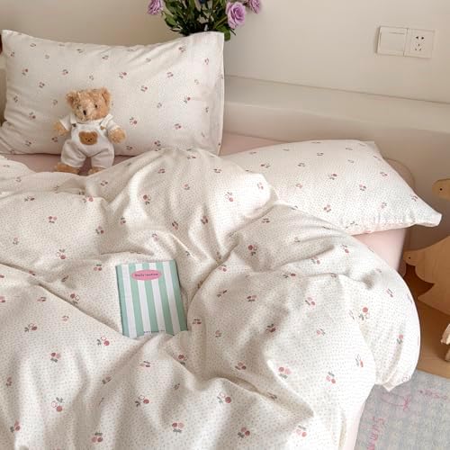 AOJIM Girls Cherry Duvet Cover Set Queen Exquisite Floral Print Bedding Set 3 Pieces (1 Comforter Cover+2 Pillowcases), Soft Breathable 100% Cotton Double Gauze Bedding Duvet Cover for Kids & Adults