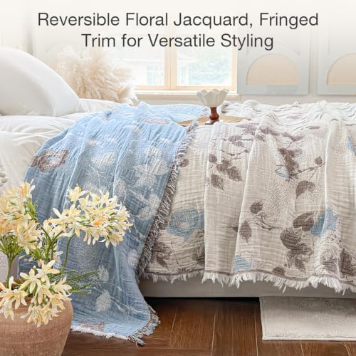 Simple&Opulence Cotton Muslin Blanket King Size 104"x90", Reversible Yarn-Dyed Vintage Blue Floral Jacquard, 3-Layer Gauze with Tassels, Soft Lightweight Breathable All-Season Bedspread for Bed Couch