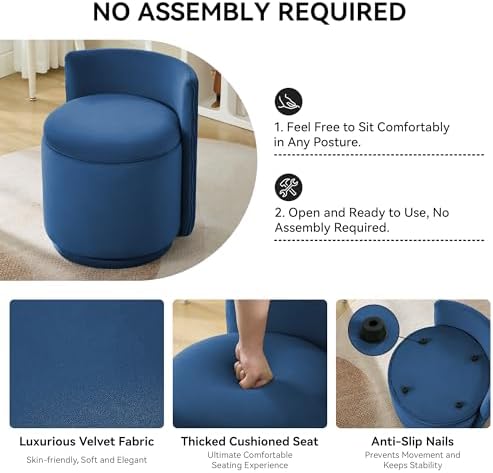 WUTUTUEE Velvet Vanity Chair with Storage, 360° Swivel Makeup Chair with Wave Back, No Assembly Small Accent Stool for Bedroom, Dressing, Living Room, Blue