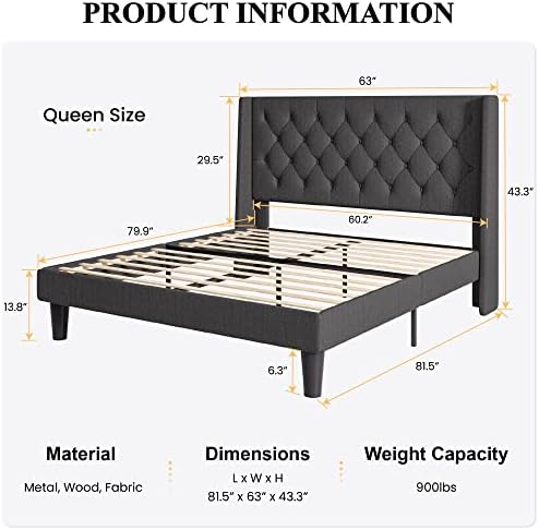 SHA CERLIN Queen Upholstered Bed Frame, Button Tufted Design, Dark Grey
