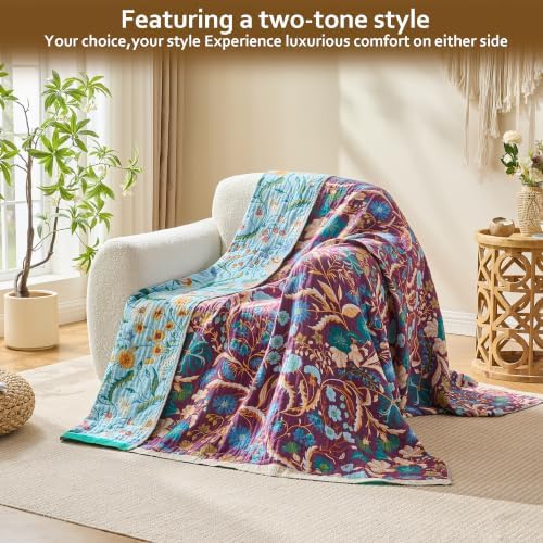 VANJOROY Boho Throw Blanket, 100% Organic Cotton Breathable Ultra Soft 91" x 108" King Bed Quilt Throw - All Season Floral Rustic Farmhouse Luxury Blanket for Sofa Couch Chair and Gift
