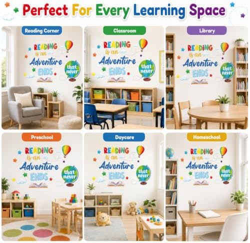 Cinrobiye Inspirational Quotes Wall Decals, Reading Corner Wall Decor, Reading is an Adventure that Never Ends Wall Stickers, Classroom Library Decorations for Preschool, Elementary School, Daycare
