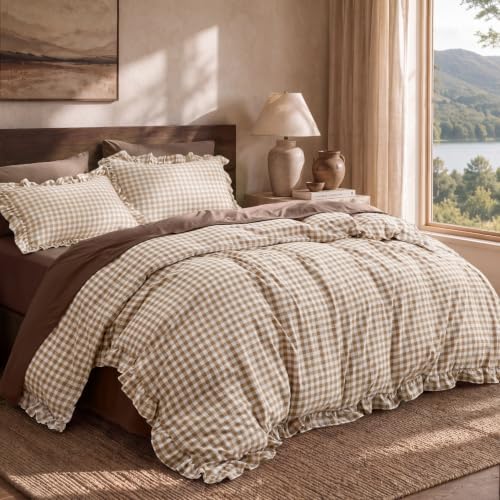Bedsure Brown Gingham Ruffle Duvet Cover Set, Cotton-Like Quilt Cover, Full