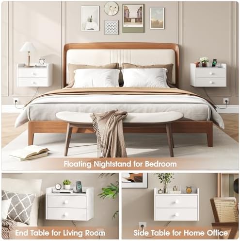 Floating Nightstand Set of 2 with 2 Storage Drawers and Charging Station