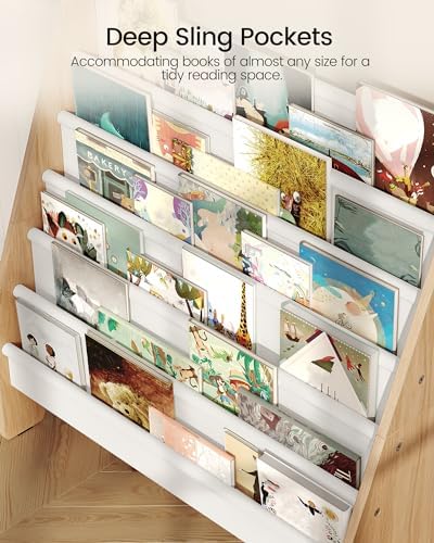 6-Tier Kids Bookshelf, Book Shelf for Kids Room, Sling Bookcase, Magazine and Book Storage Rack, Large Capacity Book Organizer for Nursery, Bedroom, Playroom, White and Natural MCW07WB
