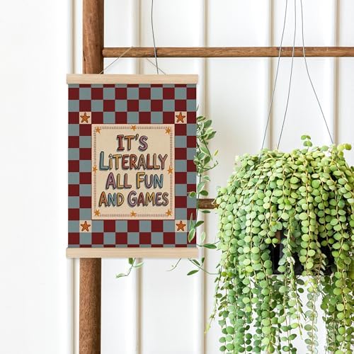 MAQIKA Funny Kids Playroom Poster Framed with Wood Hanger, Vintage Nursery Hanging Wall Decor, All Fun and Games Checkered Canvas Wall Art Paints for Kids Room Bedroom Playroom Classroom, 12x16 Inch