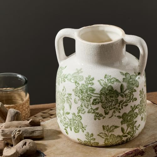 Vintage Vase with Handles, Ceramic Utensil Holder, Flower Decorative Vase Chinoiserie Decor Rustic Farmhouse Retro Floral Vases for Table Bookshelf Mantel Kitchen Living Room Office - 6.7” Green 017