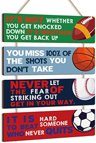 Sport Themed Wall Decor,Football Wood Sign(3.5"x12"),Inspirational Never Give Up Wooden Sign,Basketball Wood Hanging Wall Art For Boys Kids Room Playroom Nursery Decor(Modern style)