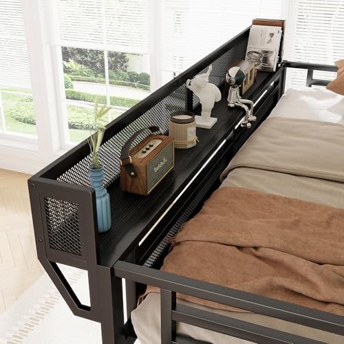 Twin XL Size Metal Loft Bed Frame with Convertible Staircase & Built-in Storage Shelves & Wardrobe, Loft Bed with Slats & Guardrail, No Box Spring Required, Easy Assembly, for Bedroom, Black