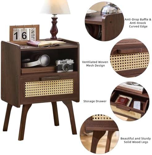 Lerliuo Rattan Nightstands Set of 2, Bedside Table with Drawer Open Shelf