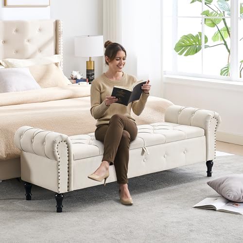 Storage Bench 67" Linen End of Bed Benches Beige