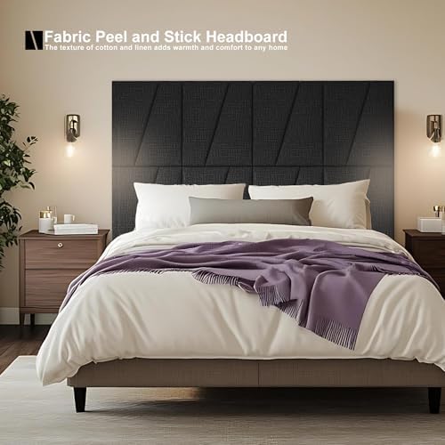 Fabric Upholstered Wall Mounted Headboard for King Bed Panels: Stick-On Headboard in Matte Black - Soundproof Padding for Bedroom & Living Room (8 Panels)