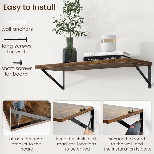 Axeman Deep Floating Shelves - 30 Inch Floating Shelves Set of 2-12 Inch Deep Brown Wood Wall Shelves for Living Room Bathroom Kitchen