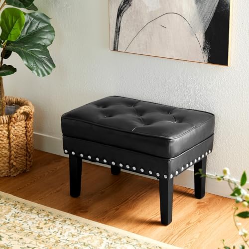 Glitzhome Faux Leather Foot Stool, Mid Century Modern Foot Stools Ottoman, Vintage Ottoman Tufted Square Vanity Seat, Black