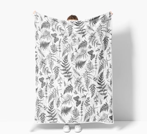 JAWO Floral Throw Blanket, Black White Flower Throws Wildflowers Botanical Plant Printed All Seasons, Vintage Cute Butterfly Flannel Blanket for Bedding Sofa Travel Couch Chair Sofa Home Decor,60x80