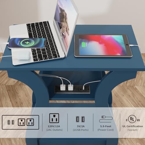 FROMJBEST End Tables Living Room, End Table with Charging Station Navy Blue