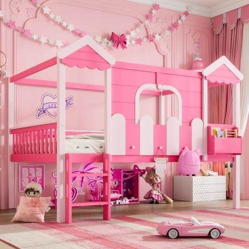 Full over Full House Bunk Bed with Bookshelves & Storage Drawer, Pink