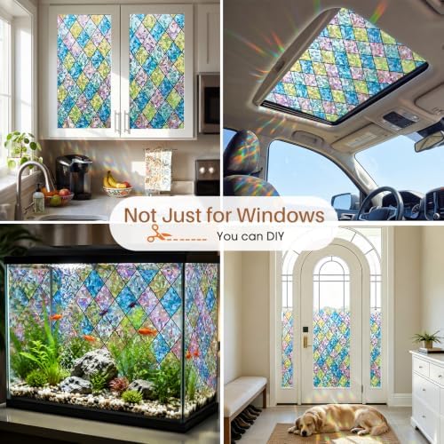 Sunbaby Stained Glass Winodw Film, Rainbow Lattice Stickers, 23.6"x78.7"