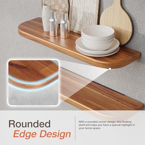 BATODA 24" Acacia Wood Floating Shelves Wall Mounted (Round Edge) – Rustic Farmhouse Wooden Wall Storage Shelf for Bedroom, Kitchen - Brackets and Shelving Hardware Included (Acacia,24 Inch Length)