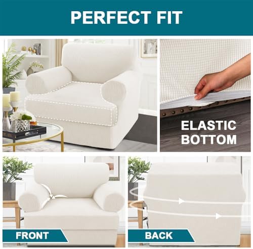 Turquoize T Cushion Chair Slipcover Armchair Slipcover for Living Room Stretch Sofa Cover Soft Armchair Cover Washable Furniture Covers with Individual T Cushion Seat Covers (Chair, Porcelain White)