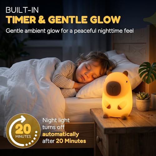 Capybara Night Light for Kids, Squishy Silicone Capybara Lamp, Touch Control, 2 Brightness Levels, 20-Minute Timer, Rechargeable LED Bedside Nightlight