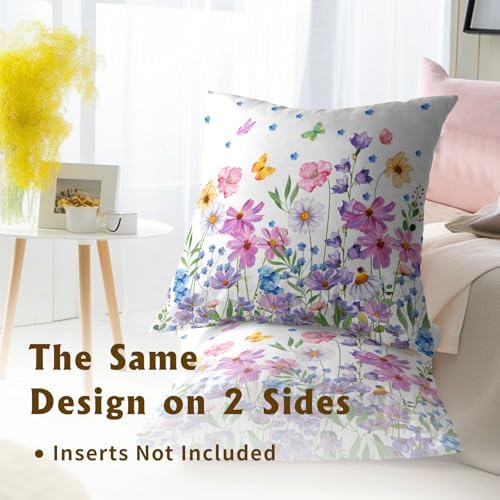 Watercolor Floral Pillow Covers 18x18 Inches Set of 2 Spring Summer Wildflower Butterfly Cotton Cushion Covers for Home Home Sofa Couch