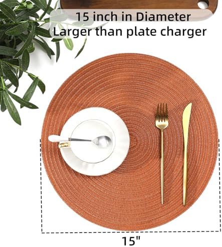 SHACOS Round Placemats Set of 4 for Dining Table 15 inch Round Braided Fall Placemats Washable Kitchen Table Mats Home Decor, Dark Orange