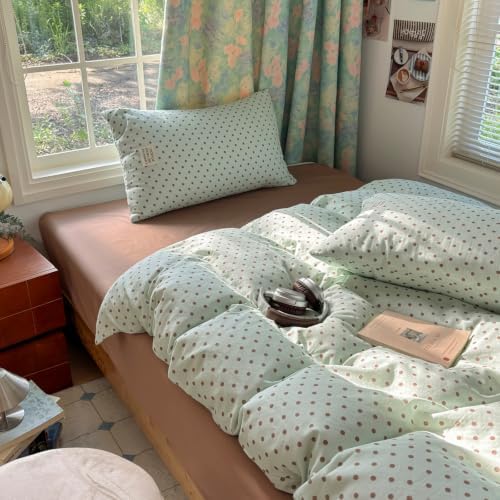 Mint Green Polka Dot Duvet Cover Twin with 2 Pillowcases,100% Cotton