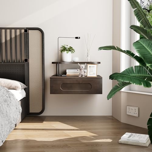 Floating Nightstand with Drawer - Brown Nightstand Floating Bedside Table, 2-Tier Wooden Bedroom Shelves for Wall, Morden Wall Mounted Nightstand for Bedroom, Bathroom, Study Room