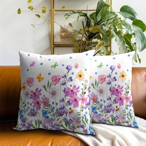 Watercolor Floral Pillow Covers 18x18 Inches Set of 2 Spring Summer Wildflower Butterfly Cotton Cushion Covers for Home Home Sofa Couch