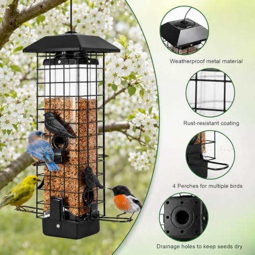Gbekery Metal Squirrel Proof Bird Feeders for Outdoors Hanging, Black