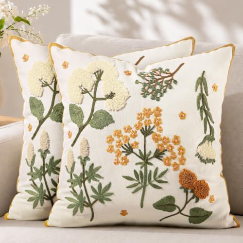 Embroidered Throw Pillow Covers 18x18, Set of 2, Meadow Flower