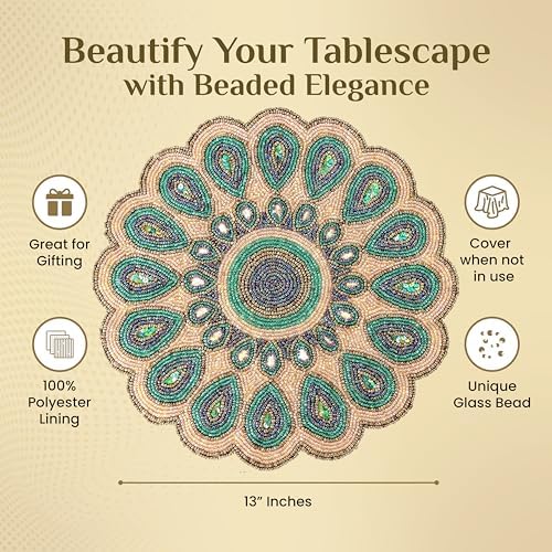 CLEENTABLE Round Beaded Placemat, 13in Glass Bead Table Mat, Green Gold