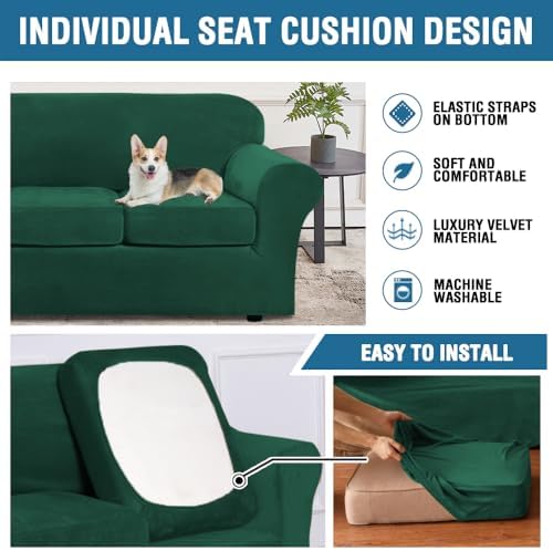 H.VERSAILTEX Real Velvet Plush 3 Piece Stretch Sofa Covers Couch Covers for 2 Cushion Couch Sofa Slipcovers Width Up to 90 Inch Feature Thick Soft Stay in Place (Large Sofa, Vintage Green)