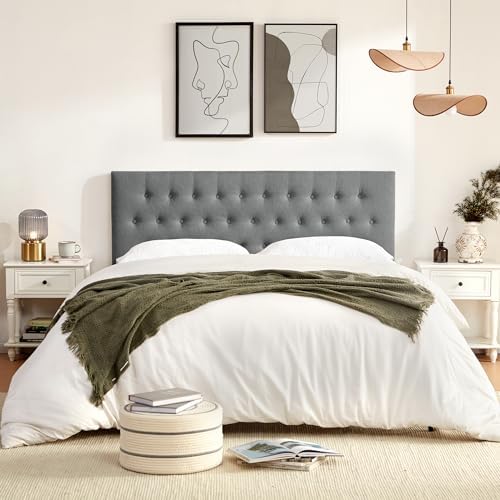 Tufted Upholstered Headboard Queen Size, Adjustable Height 37- 51 in, Gray
